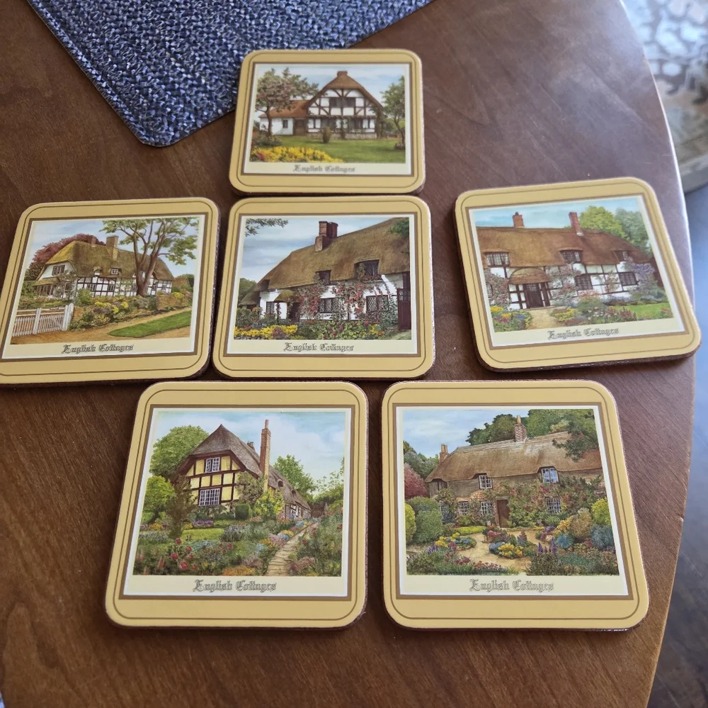Vtg Pimpernel Cork-backed Coasters (6) English Cottages New Old Stock